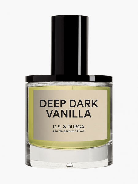 Deep Dark Vanilla Eau de Parfum in branded glass bottle with black cap on light gray background
